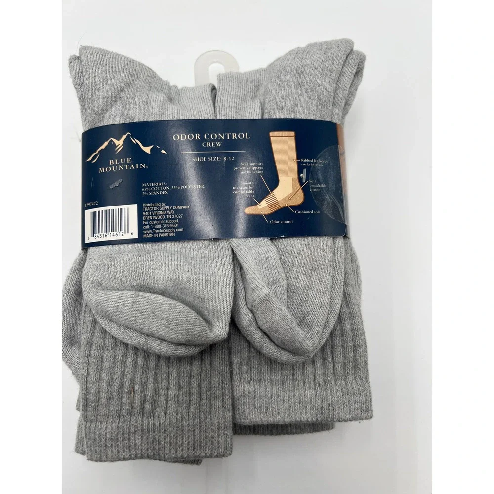 Blue Mountain Mens Odor Control Crew Socks 6 Pair Pack Grey Large Shoe Size 8-12